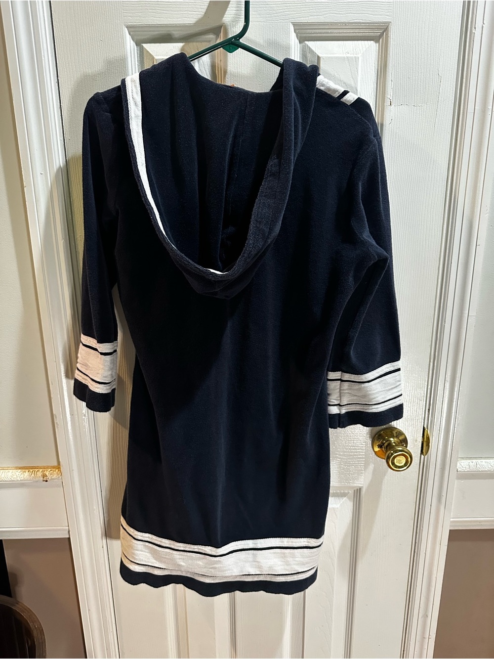Tory Burch Navy Blue White Cotton Pile Hooded Nautical Swim Cover Up Dress Large - Picture 3 of 6
